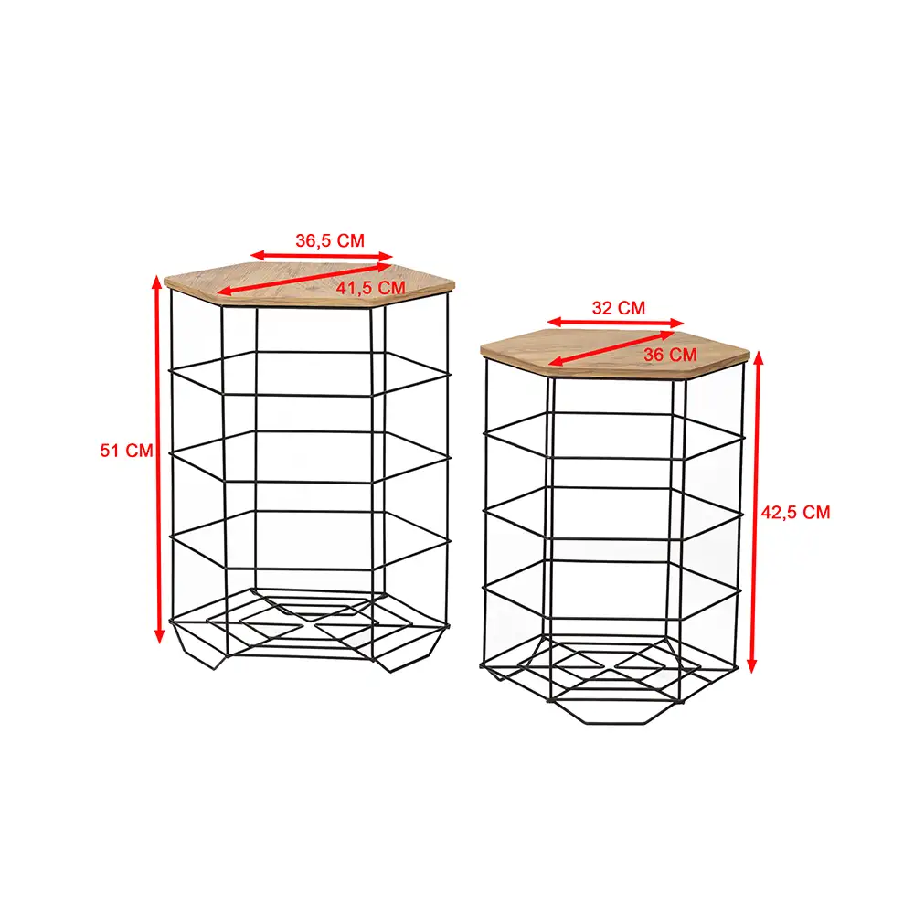 Hexagonal Double Coffee Table With Metal Basket 