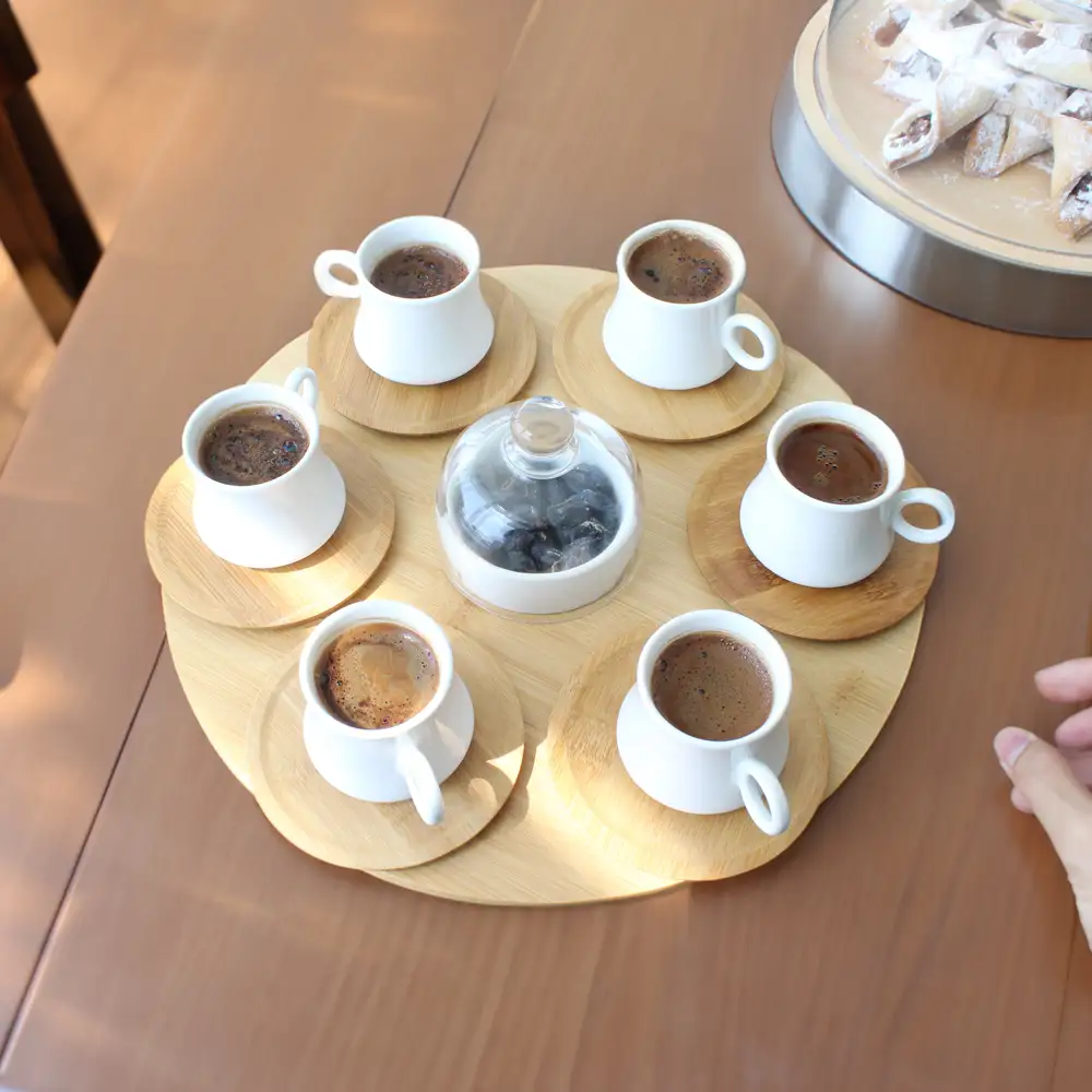 Kanat - Ahşap Döner Tepsili Kahve Fincan Seti