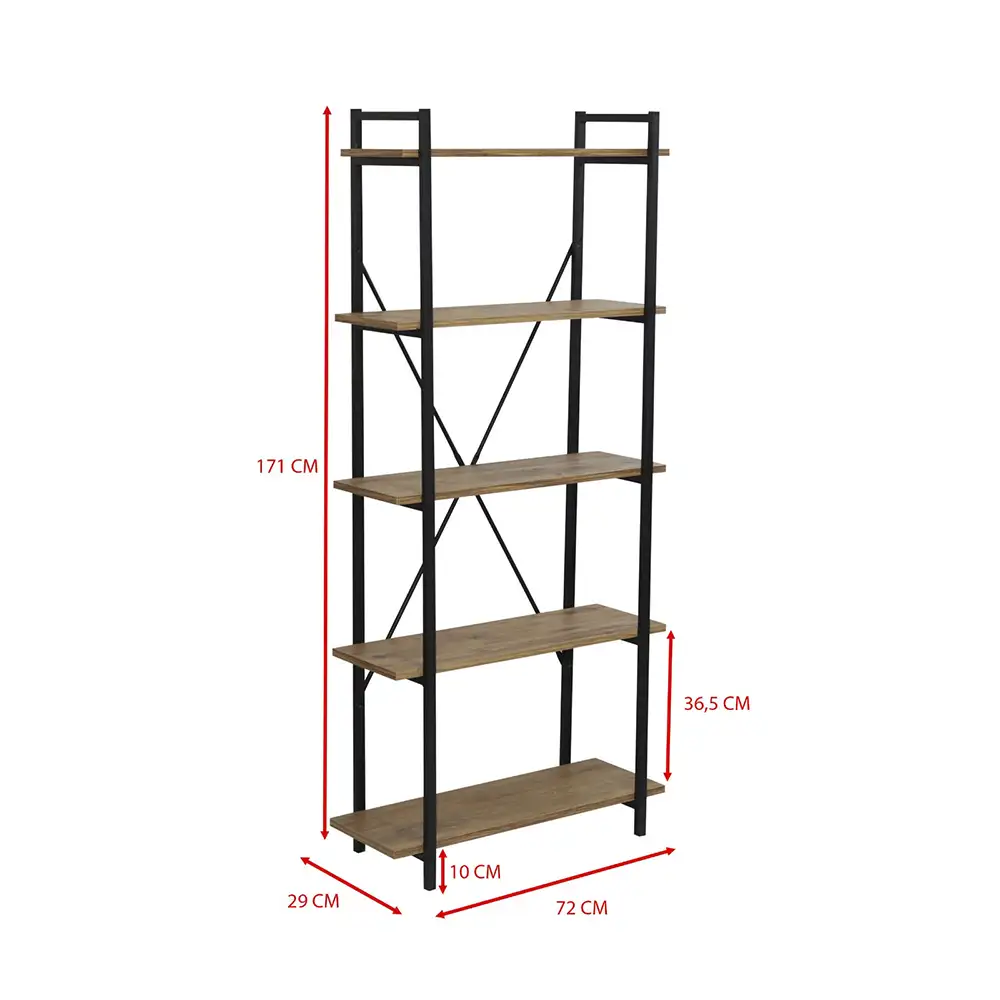 Ahşap Raflı Metal Kitaplık (5 Raflı)