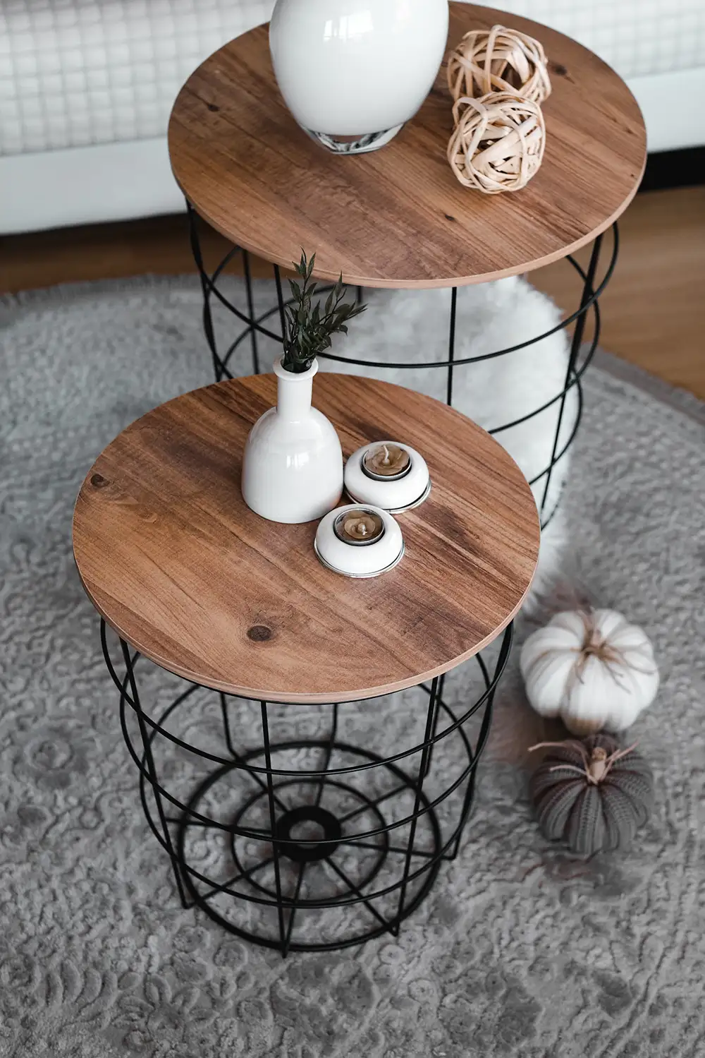 Double Round Coffee Table With Metal Basket - Thumbnail