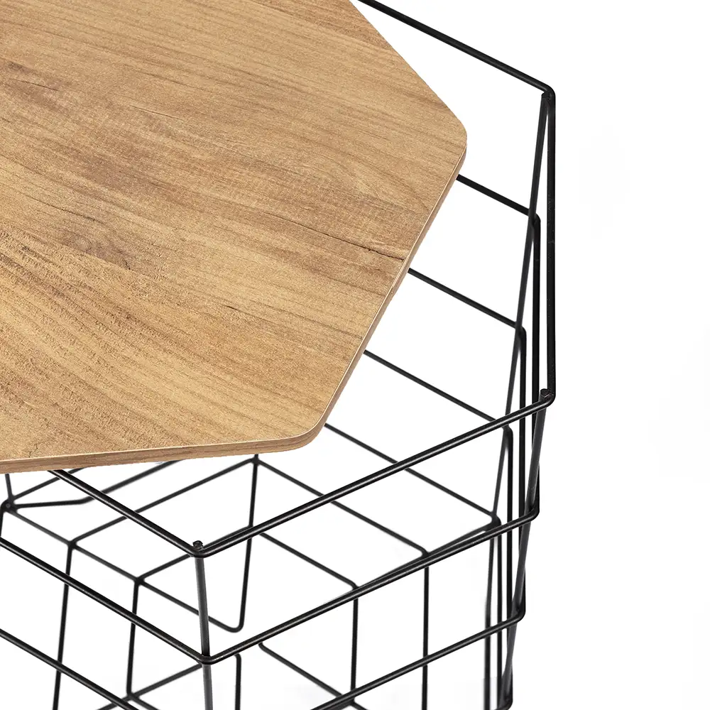 Шестиугольный журнальный столик с двойной металлической корзиной - Thumbnail