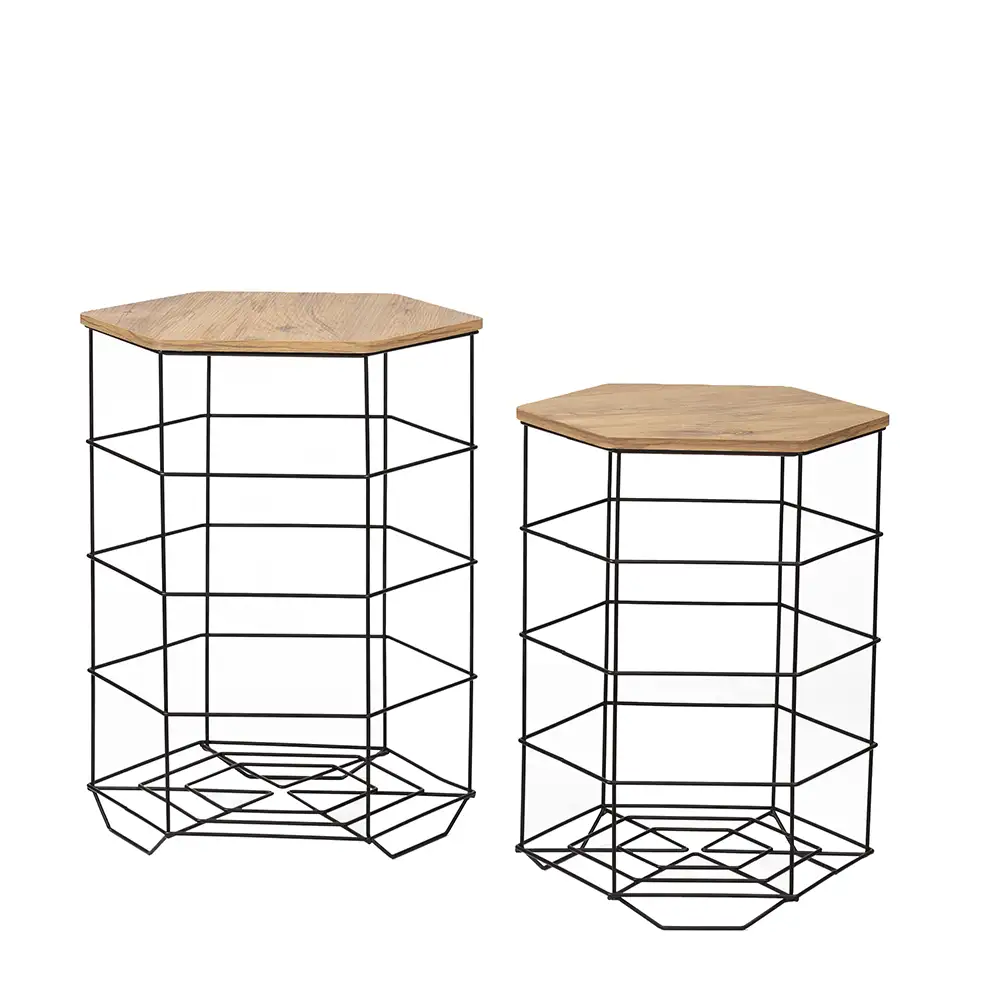 Hexagonal Double Coffee Table With Metal Basket 