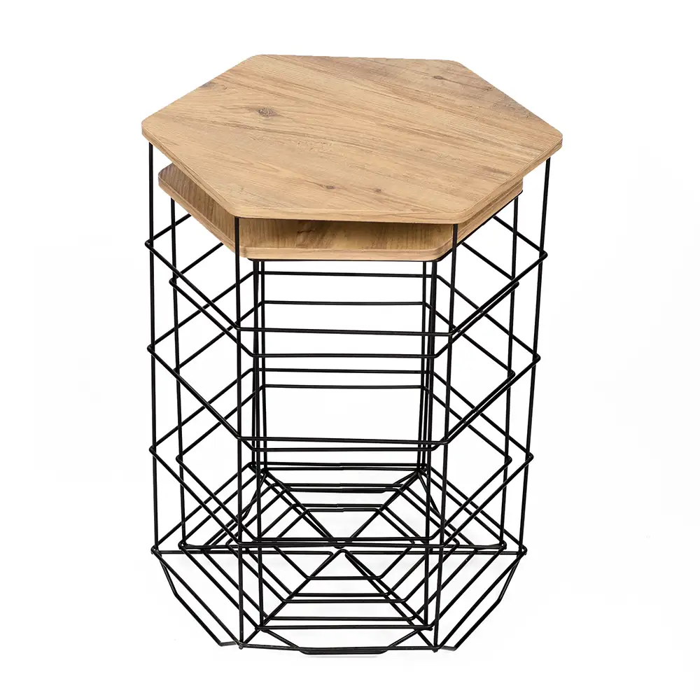 Hexagonal Double Coffee Table With Metal Basket 