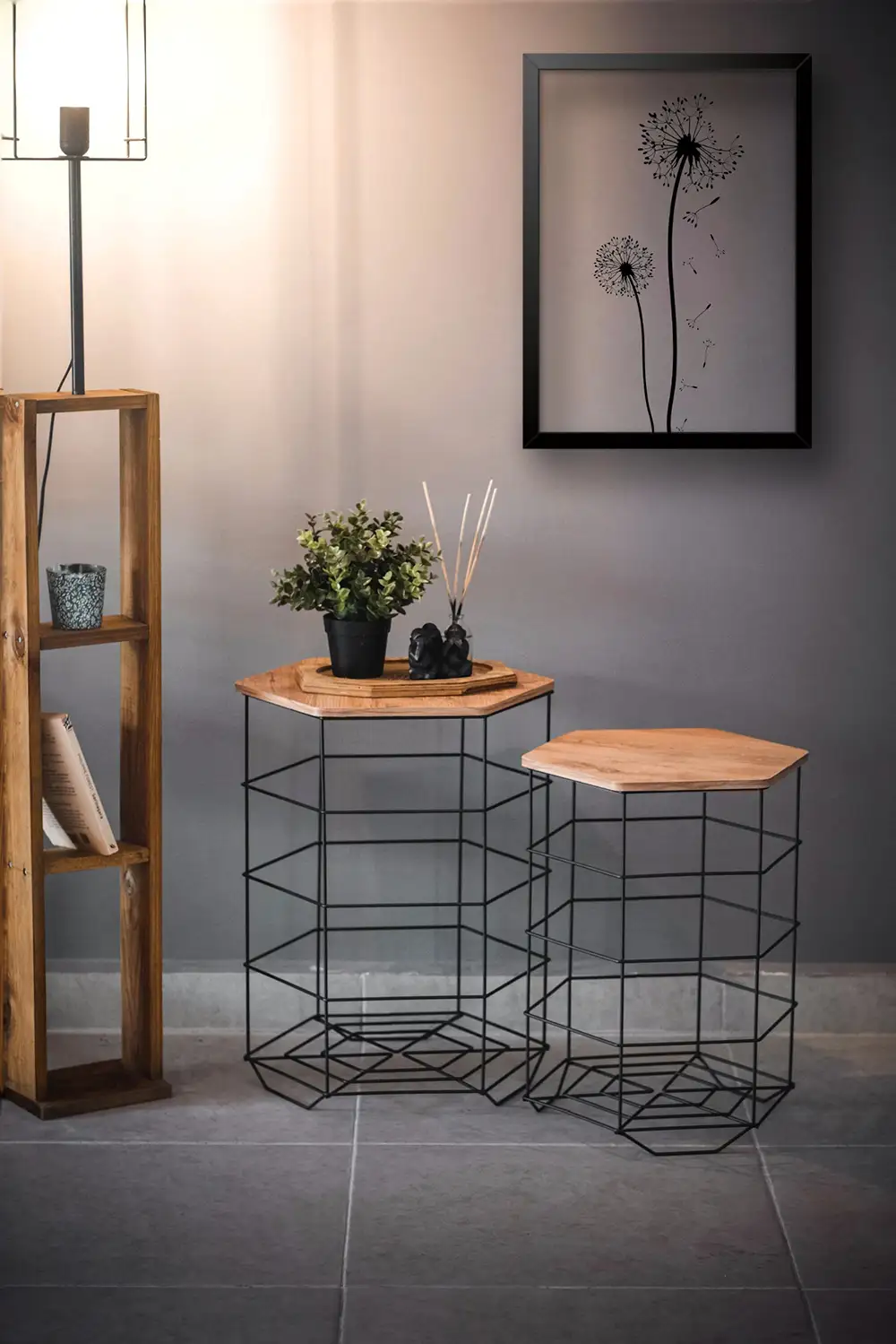 Hexagonal Double Coffee Table With Metal Basket - Thumbnail