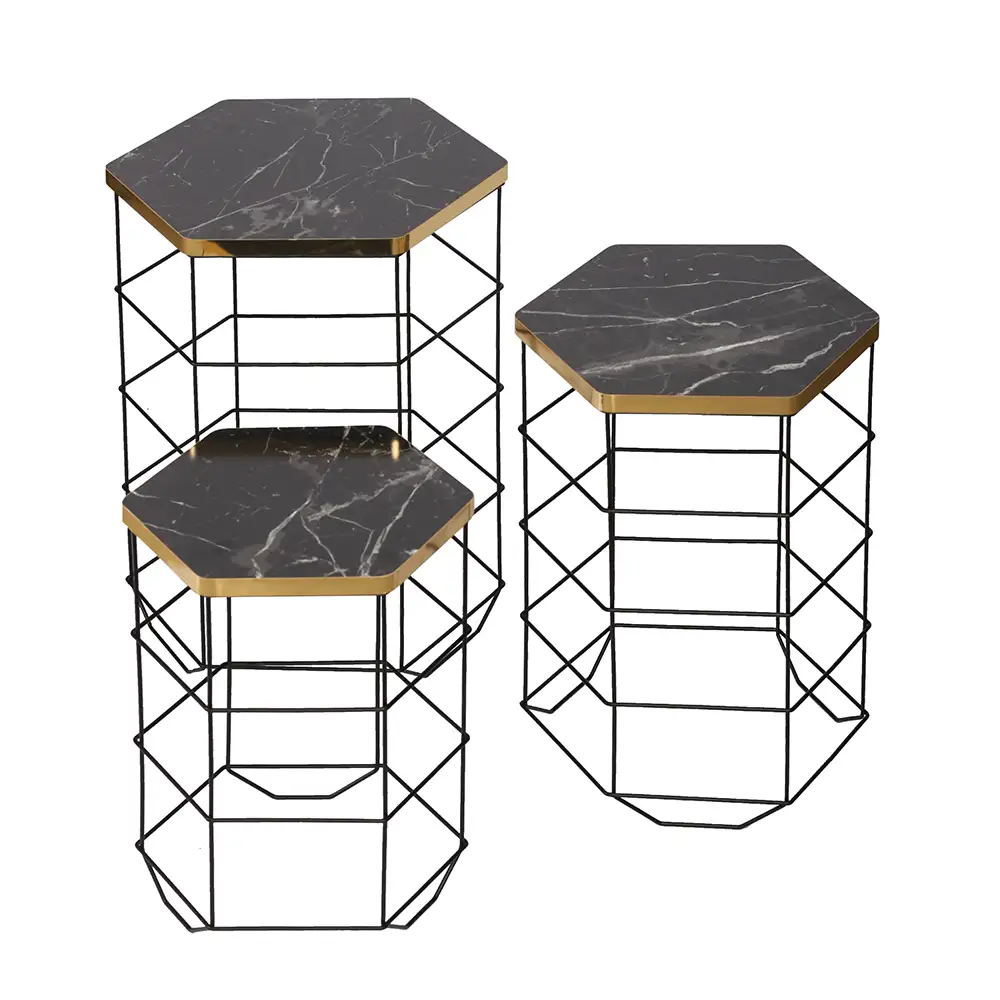 Шестиугольный журнальный столик с тройной металлической корзиной