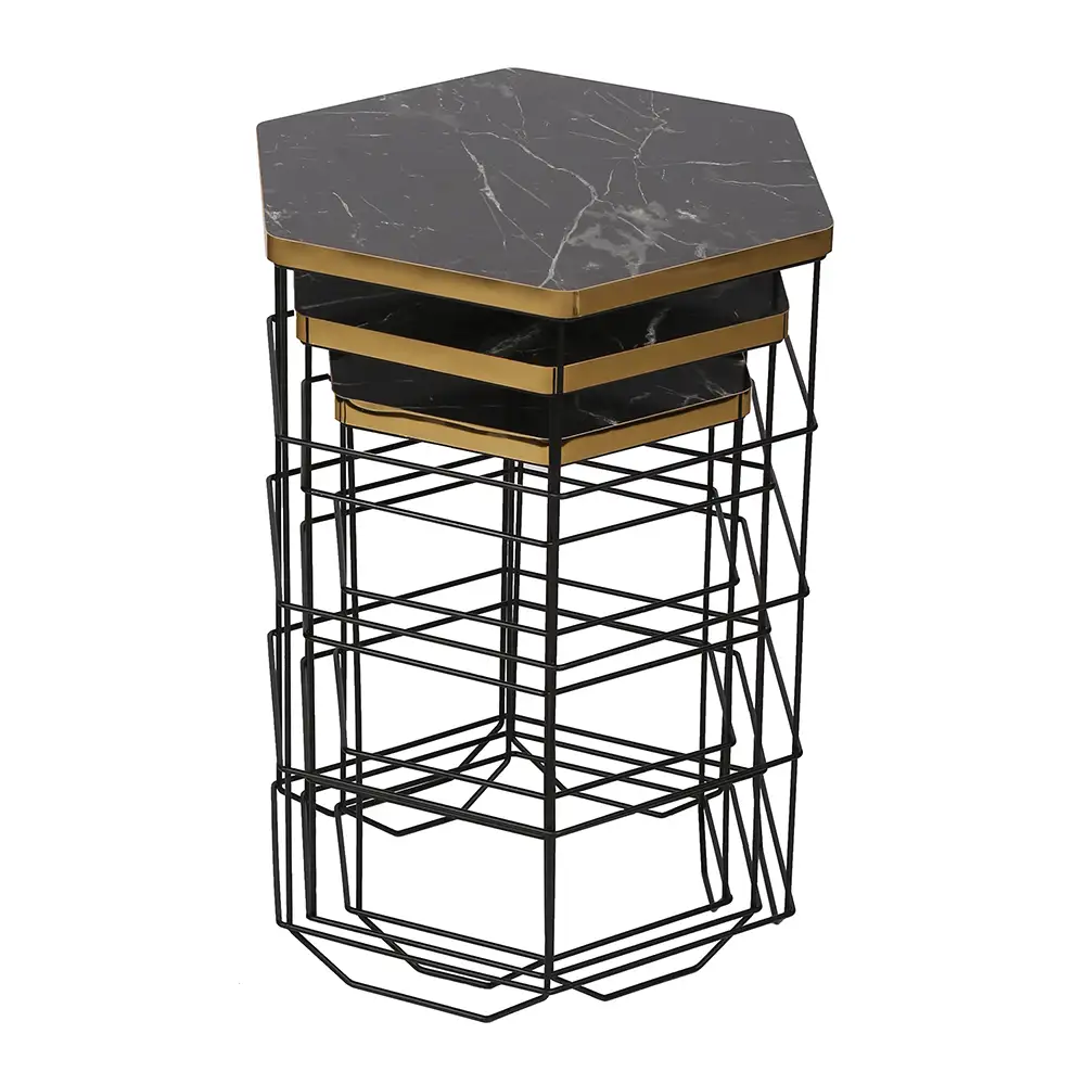 Hexagonal Triple Coffee Table With Metal Basket - Thumbnail