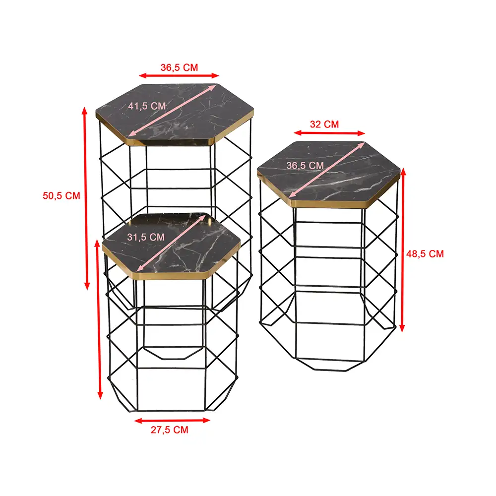 Hexagonal Triple Coffee Table With Metal Basket - Thumbnail