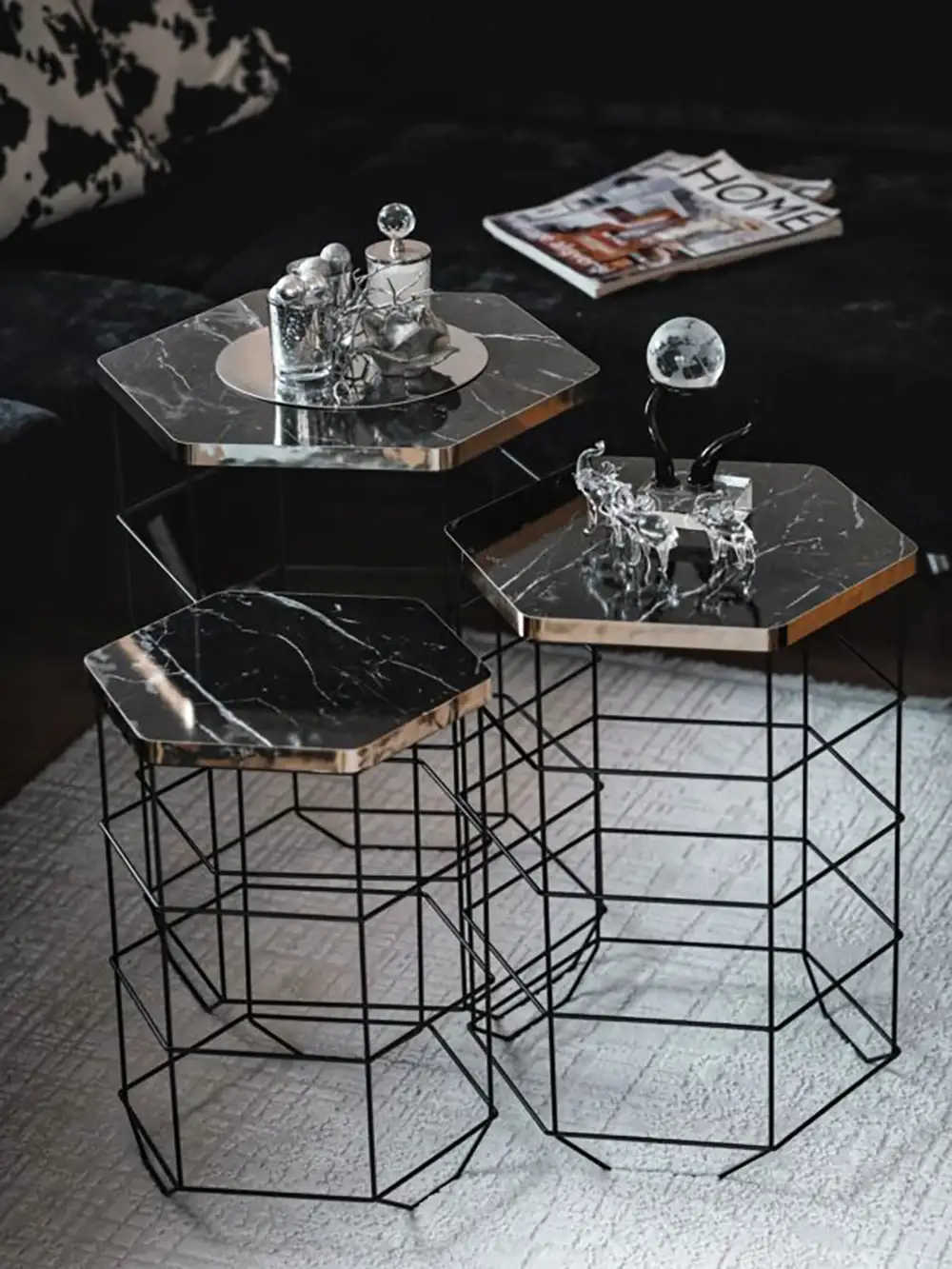 Hexagonal Triple Coffee Table With Metal Basket - Thumbnail