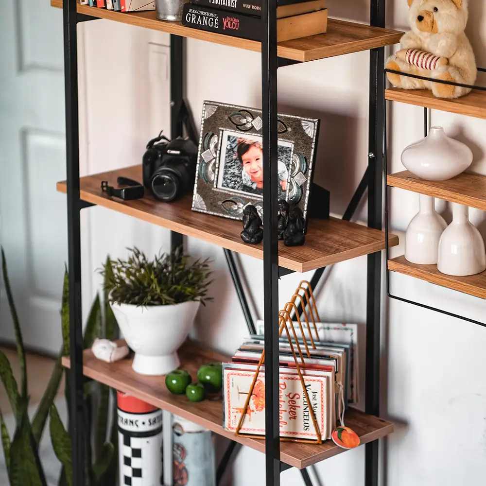 Metal Bookshelf With Wooden Shelf (5 Shelves) - Thumbnail