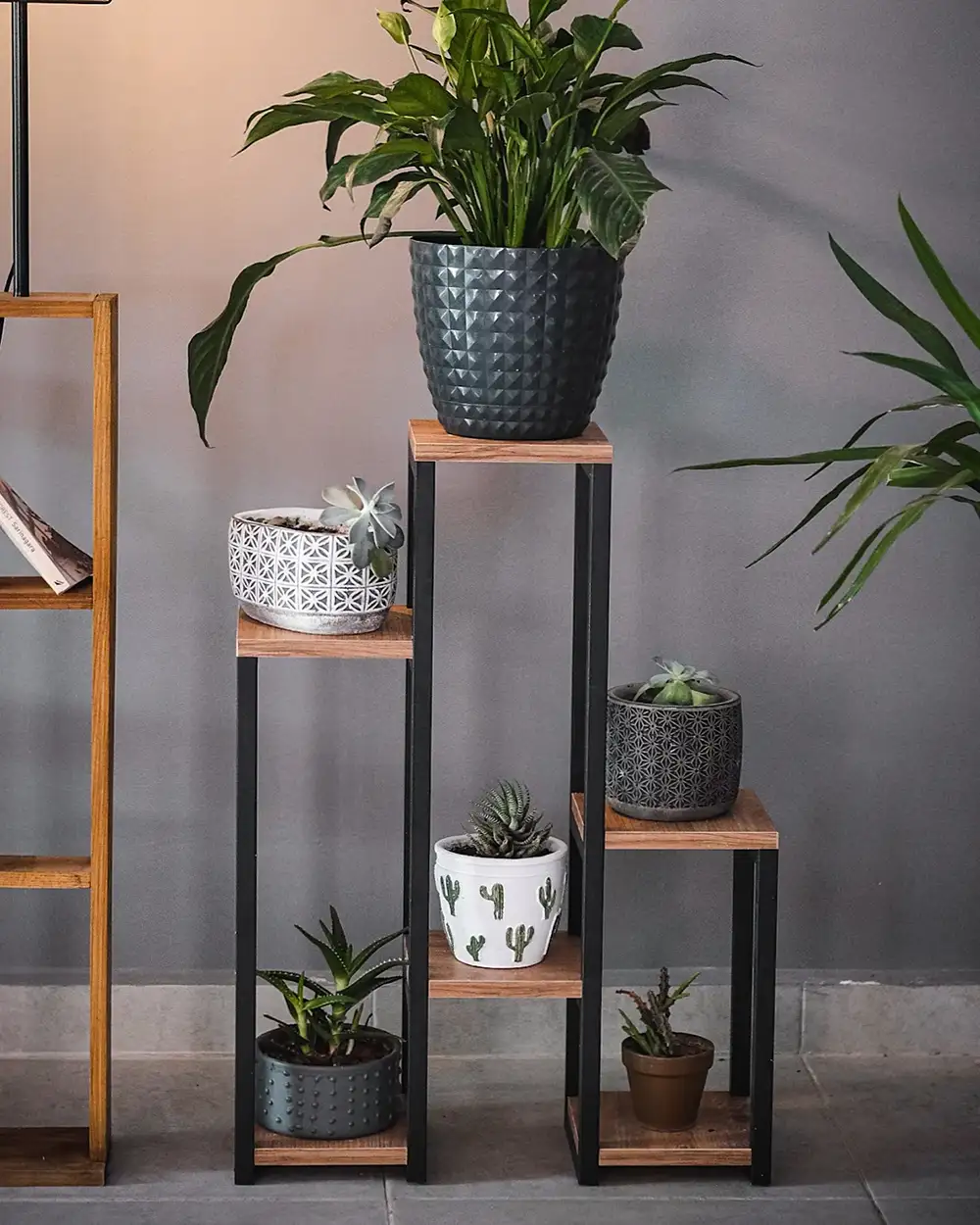 Metal Flower Pot Holder With Wooden Shelves (6 Shelves) - Thumbnail